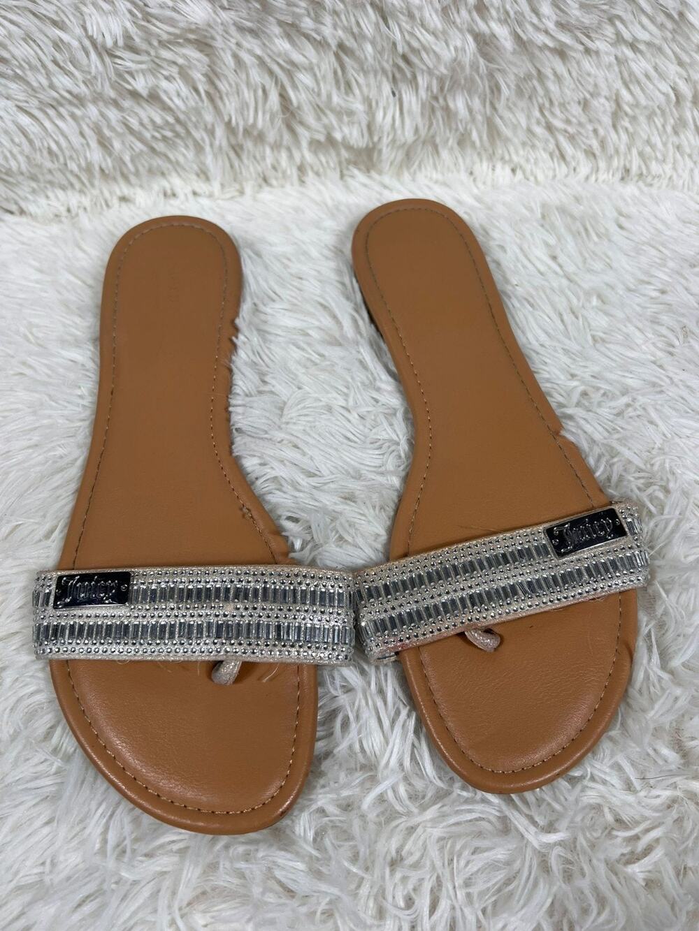 Juicy Couture Slides Womens 10M Zippie Silver Jeweled Sandal Flat Flip-Flops
